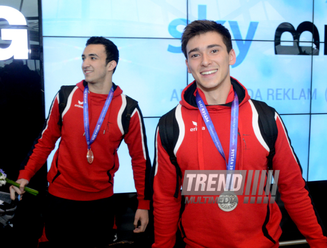 Welcoming ceremony of Azerbaijani medalists of Gymnastics World Championship in China. Azerbaijan, Baku 31 match, 2016 